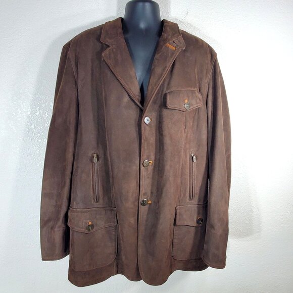 Orvis Mens Size 48 L Brown Genuine Leather Bandera Blazer Hunting Jacket Coat - Picture 1 of 13